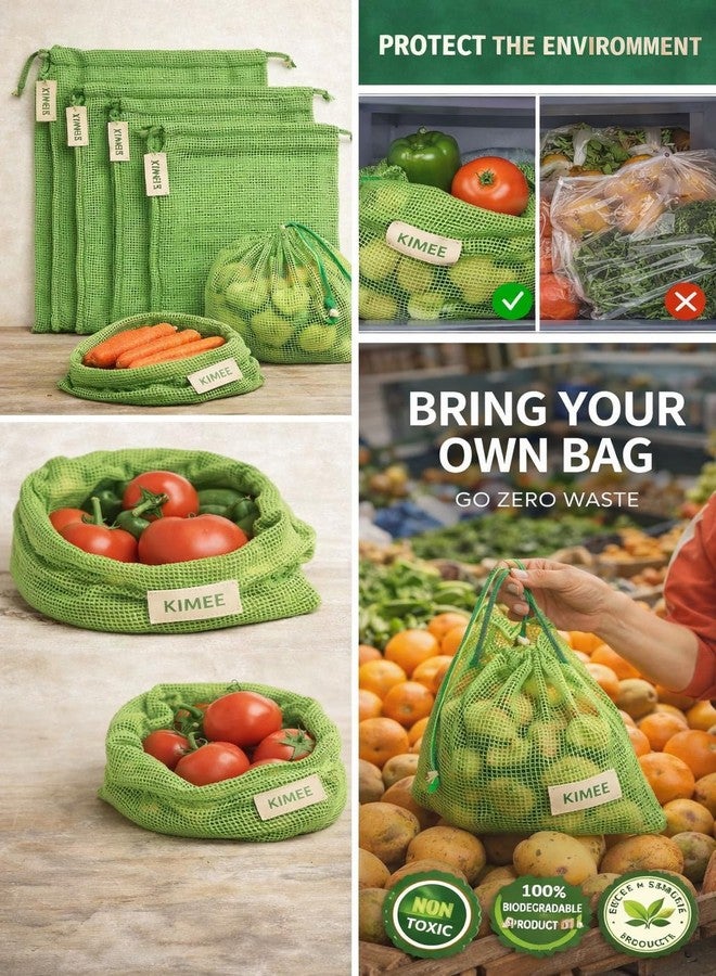 Kimee 100% Cotton Set of 6 Fridge Drawstring Bags | Eco-Friendly Natural Vegetables Storage Mesh Net for Fridge | Multi-Purpose Cotton Mesh Bag (Neem Green) - Image 3
